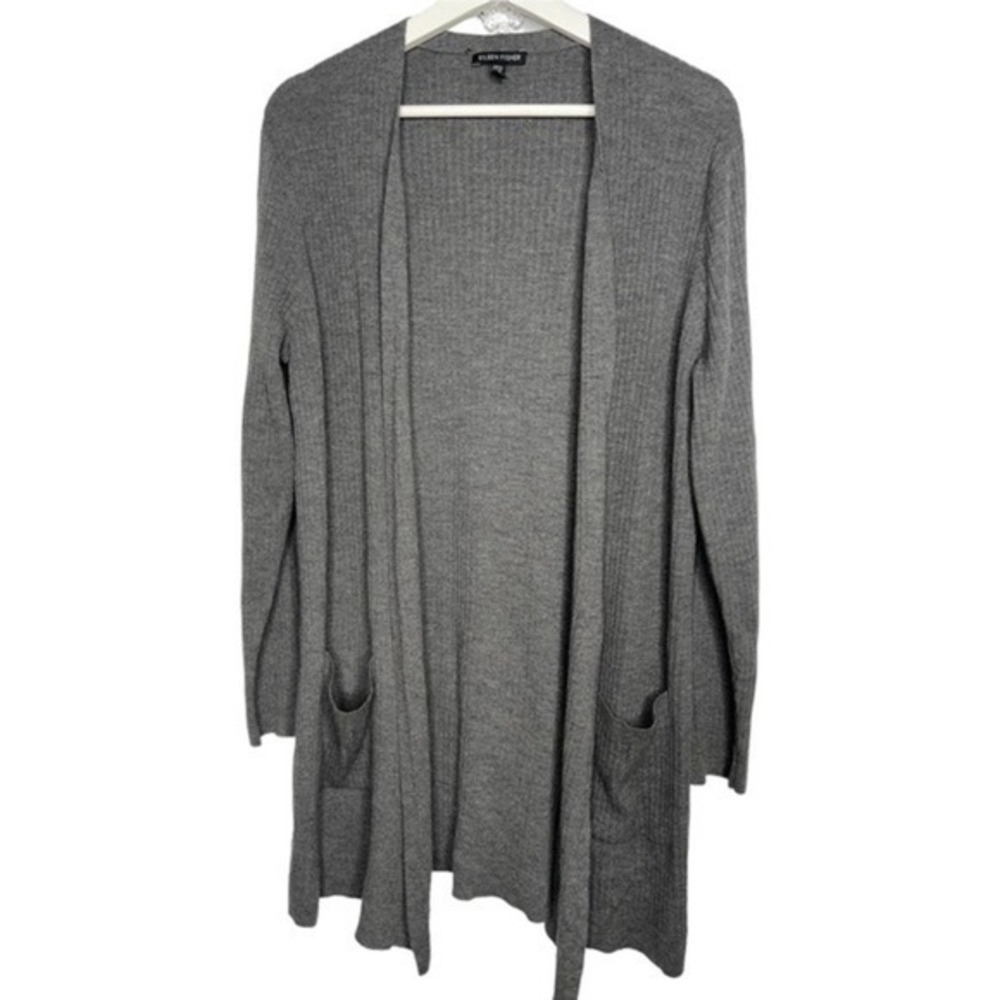 Eileen Fisher Long‎ Cardigan Wool Crepe Rib Pockets Size Large
